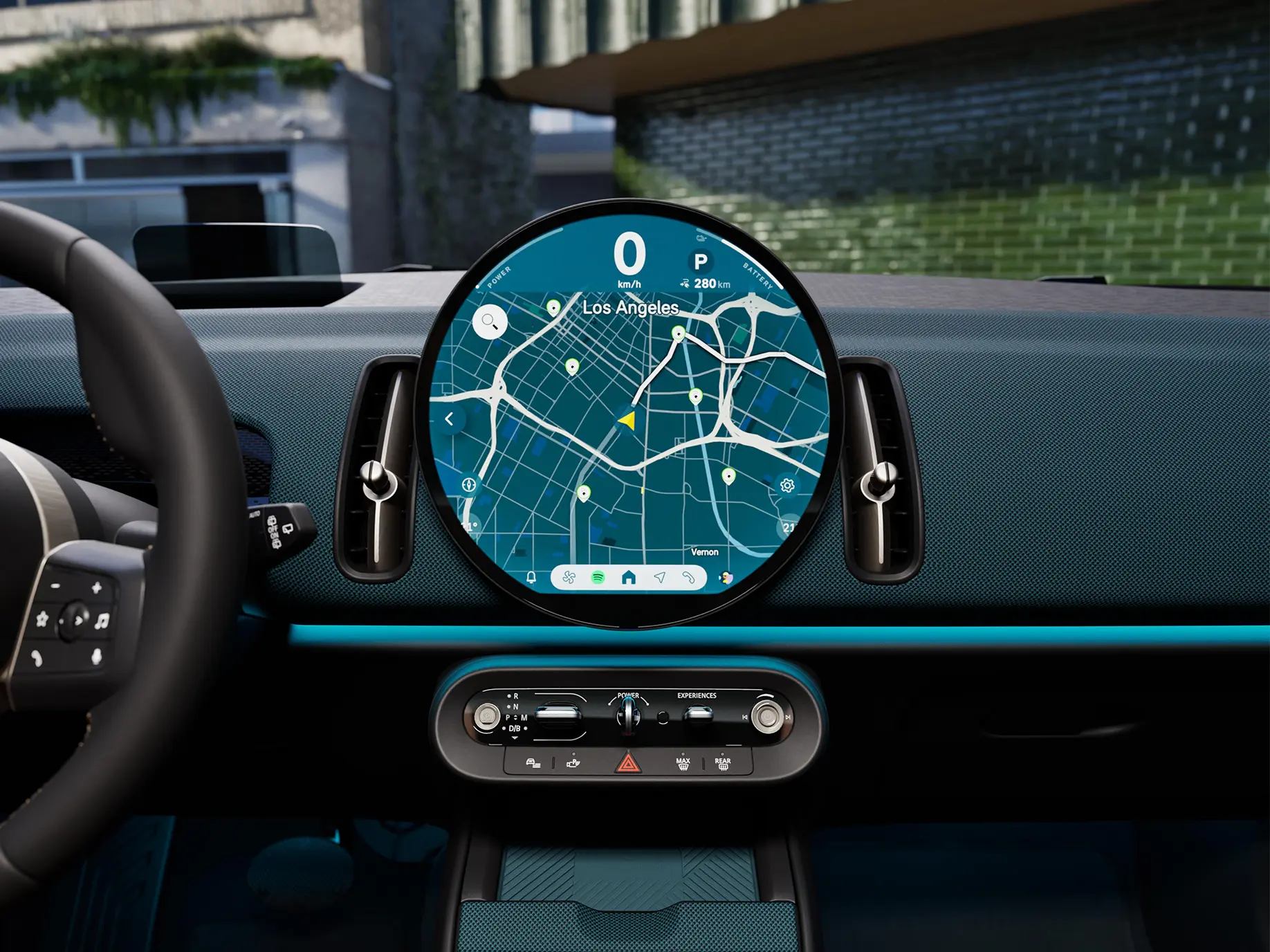 Detail view of the all-electric MINI Countryman interaction unit with focus on the navigation.