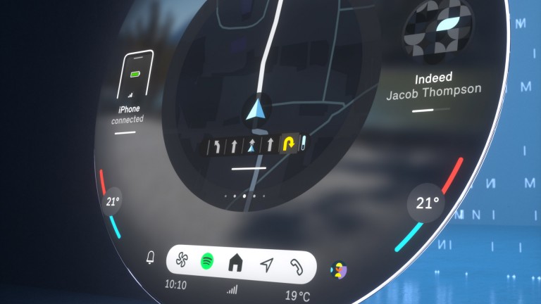 MINI round display in JCW mode with navigation screen and control elements