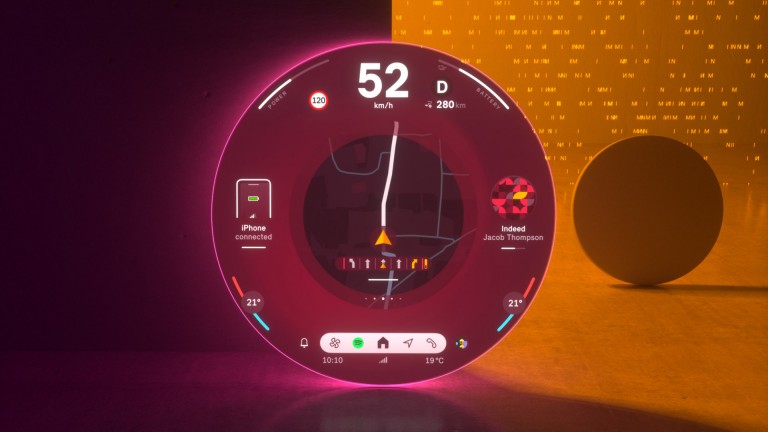 MINI round display in Vivid mode showing navigation screen